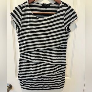 B’leev Women’s Large Gray Striped Cap Short Sleeve Shirt